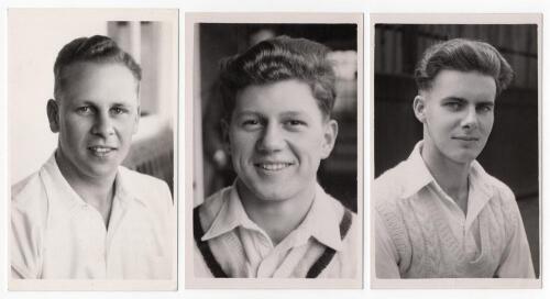 Derbyshire C.C.C. Laurie Johnson and Bertram Richardson. Two original mono real photograph plain back postcards by A. Wilkes & Son, West Bromwich. Players are Hubert Laurence &lsquo;Laurie&rsquo; Johnson (Derbyshire 1949-1966), date stamped 15th June 1955, and Bertra