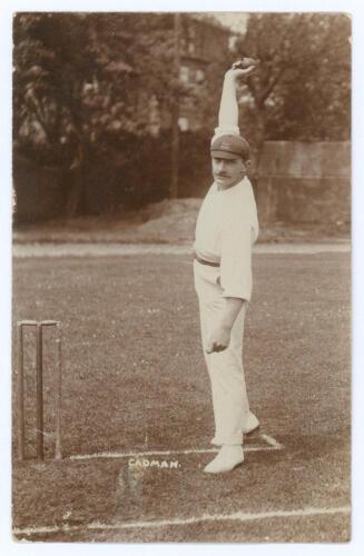 Samuel William Anthony &lsquo;Sam&rsquo; Cadman. Derbyshire 1900-1926. Early original sepia real photograph postcard of Cadman standing full length at the wicket in bowling pose. Printed title &lsquo;Cadman&rsquo;. Blind embossed stamp for Foster of Brighton to lower left corner