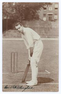 Frank Hay Gillingham. Essex 1903-1928. Early original sepia real photograph postcard of Gillingham standing full length at the wicket in batting pose. Nicely signed in black ink to lower edge &lsquo;Rev. F.H. Gillingham&rsquo;. Blind embossed stamp for Foster of Brig