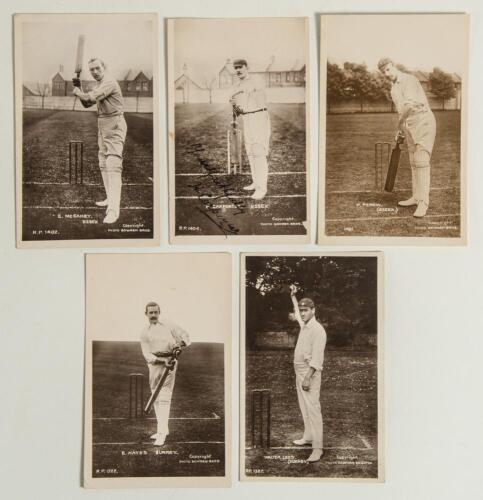 Essex and Surrey. c.1910. Five early original mono real photograph postcards, three of Essex players, one signed, two of Surrey, all Rival Photograph Series with printed titles. Essex players, all in batting pose, are H.A. Carpenter (Series no. 1404, sign
