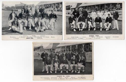 Essex C.C.C. 1905-1908. Three early mono printed postcards of Essex teams for seasons 1905, 1906 & 1908, the players seated and standing in rows wearing cricket attire, some in blazers. Players featured include Fane, Gillingham, McGahey, Buckenham, Freema