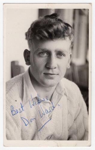 Donald John &lsquo;Don&rsquo; Ward. Glamorgan 1954-1962. Original mono real photograph plain back postcard of Ward, head and shoulders in cricket attire. Signed in blue biro to the photograph, &lsquo;Best wishes, Don Ward&rsquo;. Official stamp for A. Wilkes & Son, West Bromwich