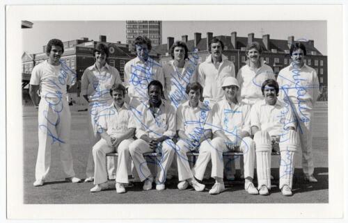Glamorgan C.C.C. 1978. Mono real photograph plain back postcard of the Glamorgan team seated and standing in rows wearing cricket attire on the pitch at The Oval. Signed in blue biro by nine of the featured players. Signatures include Jones (Captain), Ont