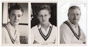 Gloucestershire C.C.C. Geoff Mains, Graham Johnson and Sid Russell. Three original mono real photograph plain back postcards, each with official stamp to verso for A. Wilkes & Son, West Bromwich. Players are Geoffrey Mains (Gloucestershire 1951-1954), app