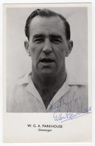 William Gilbert Anthony Parkhouse. Glamorgan & England 1948-1964. Mono real photograph postcard of Parkhouse, head and shoulders wearing cricket attire. Nicely signed in blue biro to the photograph &lsquo;Best wishes, Gilbert Parkhouse&rsquo;. Sporting Handbooks Ltd.