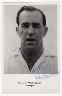 William Gilbert Anthony Parkhouse. Glamorgan & England 1948-1964. Mono real photograph postcard of Parkhouse, head and shoulders wearing cricket attire. Nicely signed in blue biro to the photograph &lsquo;Best wishes, Gilbert Parkhouse&rsquo;. Sporting Handbooks Ltd.