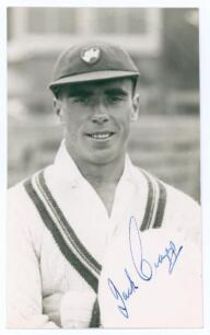 John Frederick &lsquo;Jack&rsquo; Crapp. Gloucestershire & England 1936-1956. Mono real photograph plain back postcard of Crapp, head and shoulders wearing cricket attire and cap. Nicely signed in blue ink to the photograph by Crapp. Official stamp for A. Wilkes & So