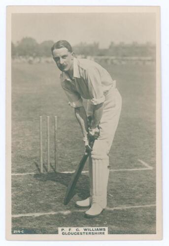 Philip Francis Cunningham Williams. Gloucestershire 1919-1925. Phillips &lsquo;Pinnace&rsquo; premium issue cabinet size sepia real photograph trade card of Willliams, full length in batting pose at the wicket. No. 214.C. Title &lsquo;P.F.C. Williams. Gloucestershire&rsquo;. 4&rdquo;x