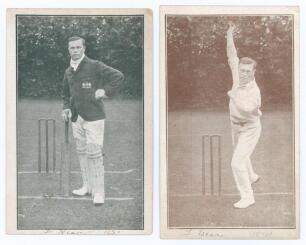 Frederick Charles Weaver. Gloucestershire 1897-1909. Two early mono printed postcards of Weaver, both depicted standing full length in cricket attire, one in Gloucestershire blazer leaning on his bat, the other in bowling pose. Both annotated in ink to lo