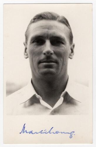 Douglas Martin Young. Worcestershire & Gloucestershire 1946-1964. Mono real photograph plain back postcard of Young, head and shoulders wearing cricket attire. Nicely signed in blue ink to the lower margin &lsquo;Martin Young&rsquo;. Publisher unknown. Postally unuse