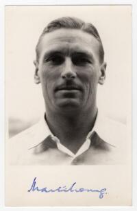 Douglas Martin Young. Worcestershire & Gloucestershire 1946-1964. Mono real photograph plain back postcard of Young, head and shoulders wearing cricket attire. Nicely signed in blue ink to the lower margin &lsquo;Martin Young&rsquo;. Publisher unknown. Postally unuse