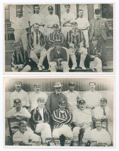 Hampshire C.C.C. 1894 & 1895. Two early original mono real photograph postcards of the Hampshire teams of 1894 and 1895 seated and standing in rows wearing cricket attire and assorted blazers and caps. Handwritten title and players&rsquo; names in ink to lower 
