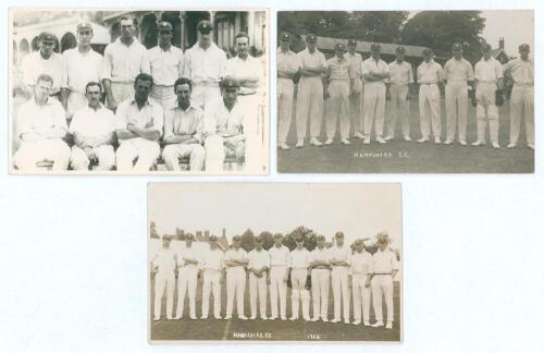 Hampshire C.C.C. early 1920s. Three original mono real photograph postcards of Hampshire teams of the period. One, dated to verso &lsquo;1921&rsquo;, with the players seated and standing in rows wearing cricket attire (publisher unknown), the others of the teams line
