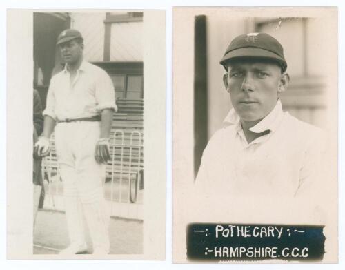Hampshire C.C.C. 1955. Lionel Hallam Tennyson (Hampshire & England 1913-1955) and Sidney George Pothecary (Hampshire 1912-1920, twelve matches). Two mono real photograph postcards, one of Tennyson standing full length leaning on his bat in front of the pa
