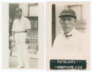 Hampshire C.C.C. 1955. Lionel Hallam Tennyson (Hampshire & England 1913-1955) and Sidney George Pothecary (Hampshire 1912-1920, twelve matches). Two mono real photograph postcards, one of Tennyson standing full length leaning on his bat in front of the pa