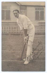 Duncan Victor Norbury. Hampshire & Lancashire 1905-1922. Early original sepia real photograph postcard of Norbury standing full length in batting pose at the wicket. Very nicely signed in black ink to the photograph &lsquo;Yours sincerely, V. Norbury&rsquo;. Publishe