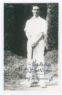 Ernest Richard Remnant. Hampshire & Europeans 1908-1922. Mono real photograph plain back postcard of Remnant standing full length wearing cricket attire, leaning on a bat. Very nicely inscribed and signed &lsquo;To John Arlott with Best Wishes from Ernest R. Re