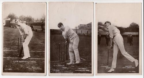 Kent C.C.C. c.1910. Three early sepia real photograph postcards of Kent players at the wicket, all Rival Photographic Series. Players are C.H.B. Marsham in batting pose (Series no. 1380), C.J. Burnup in batting pose (no. 1399), and F.E. Woolley bowling in