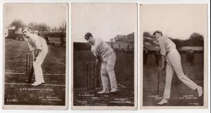Kent C.C.C. c.1910. Three early sepia real photograph postcards of Kent players at the wicket, all Rival Photographic Series. Players are C.H.B. Marsham in batting pose (Series no. 1380), C.J. Burnup in batting pose (no. 1399), and F.E. Woolley bowling in