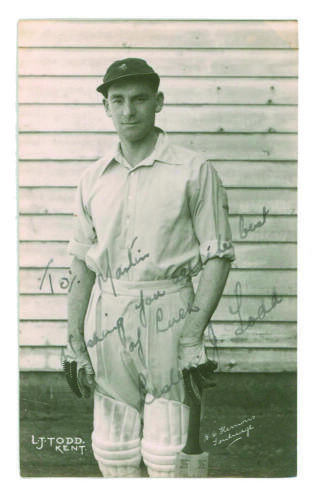 Leslie John Todd. Kent 1927-1950. Mono real photograph plain back postcard of Todd, three quarter length, wearing pads and gloves ready for batting. Signed and dedicated in black ink by Todd &lsquo;To Martin, wishing you all the best of luck&rsquo;. B.C. Flemons of 