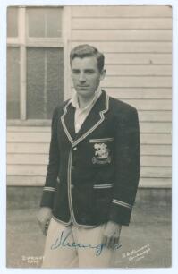 Douglas Vivian Parson Wright. Kent & England 1932-1957. Mono real photograph plain back postcard of Wright three quarter length in cricket attire and wearing M.C.C. tour blazer for the 1946/47 tour to Australia. Nicely signed in blue ink to the photograph
