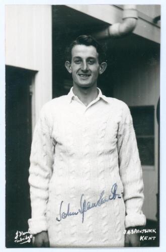 John George Spanswick. Kent 1955-1956. Mono real photograph postcard of Spanswick three quarter length wearing cricket attire. Nicely signed in black ink to the photograph by Spanswick. Printed title &lsquo;J.A. Spanswick, Kent&rsquo; to lower right corner. J.D. Hunt