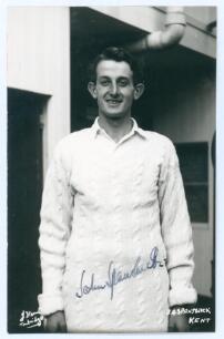 John George Spanswick. Kent 1955-1956. Mono real photograph postcard of Spanswick three quarter length wearing cricket attire. Nicely signed in black ink to the photograph by Spanswick. Printed title &lsquo;J.A. Spanswick, Kent&rsquo; to lower right corner. J.D. Hunt