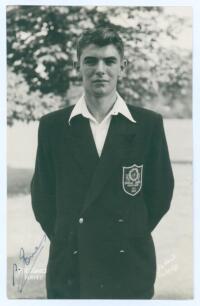 Peter Henry Jones. Kent 1953-1967. Mono real photograph postcard of Jones three quarter length wearing cricket attire and an English Schools Association blazer for 1950. Nicely signed in blue ink to the photograph by Jones. Printed title &lsquo;P.H. Jones, Kent
