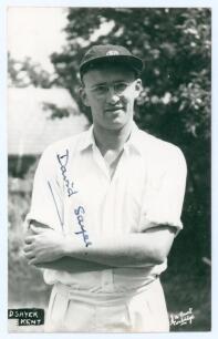 David Michael Sayer. Kent 1955-1976. Mono real photograph postcard of Sayer half length wearing cricket attire and M.C.C. cap. Nicely signed in ink to the photograph by Sayer. Printed title &lsquo;D. Sayer, Kent&rsquo; to lower left corner. J.D. Hunt of Tonbridge. Ve