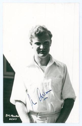 James Moffat &lsquo;Jimmy&rsquo; Allan. Oxford University, Kent & Warwickshire 1953-1968. Mono real photograph postcard of Allan half length wearing cricket attire. Nicely signed in ink to the photograph by Allan. Printed title &lsquo;J.M. Allan, Kent&rsquo; to lower left corner