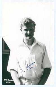 James Moffat &lsquo;Jimmy&rsquo; Allan. Oxford University, Kent & Warwickshire 1953-1968. Mono real photograph postcard of Allan half length wearing cricket attire. Nicely signed in ink to the photograph by Allan. Printed title &lsquo;J.M. Allan, Kent&rsquo; to lower left corner