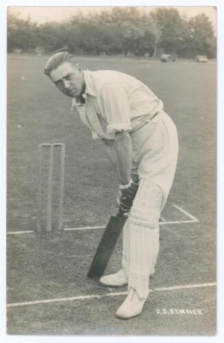George David Fenner. Kent & M.C.C. 1925-1929. Sepia real photograph postcard of Fenner in full length batting pose at the wicket. Printed title &lsquo;G.D. Fenner&rsquo;. B.C. Flemons of Tonbridge. Postally unused. Light crease to lower corner, otherwise in good/ ver