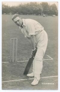 George David Fenner. Kent & M.C.C. 1925-1929. Sepia real photograph postcard of Fenner in full length batting pose at the wicket. Printed title &lsquo;G.D. Fenner&rsquo;. B.C. Flemons of Tonbridge. Postally unused. Light crease to lower corner, otherwise in good/ ver