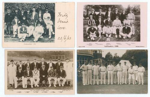 Lancashire C.C.C. 1903-1921. Four early original mono postcards, of which three are real photographs, of Lancashire teams of the period. Three depict the teams seated and standing in rows wearing cricket attire and blazers, with printed players&rsquo; names and