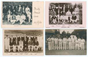 Lancashire C.C.C. 1903-1921. Four early original mono postcards, of which three are real photographs, of Lancashire teams of the period. Three depict the teams seated and standing in rows wearing cricket attire and blazers, with printed players&rsquo; names and