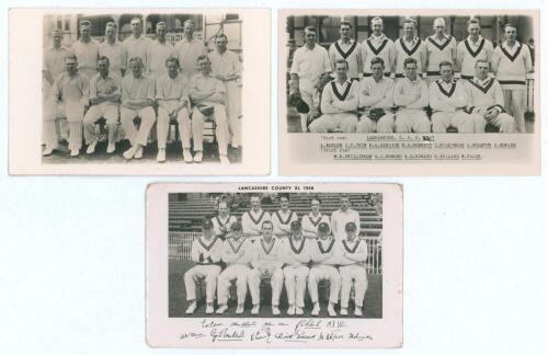 Lancashire C.C.C. 1930s/1940s. Three original mono real photograph plain back postcards of Lancashire teams of the period, all with players seated and standing in rows wearing cricket attire, two with printed players&rsquo; names or facsimile signatures to lowe