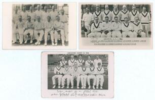 Lancashire C.C.C. 1930s/1940s. Three original mono real photograph plain back postcards of Lancashire teams of the period, all with players seated and standing in rows wearing cricket attire, two with printed players&rsquo; names or facsimile signatures to lowe