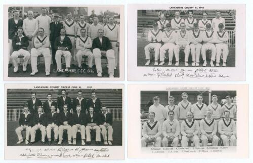 Lancashire C.C.C. 1946-1951. Four original mono real photograph postcards of Lancashire teams for seasons 1946, 1948, 1951 and 1953, the players seated and standing in rows wearing cricket attire. The 1946, 1948 and 1953 postcards are plain back, the 1946