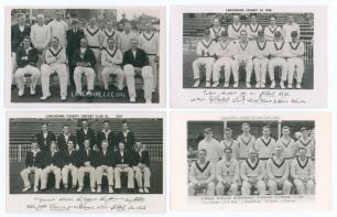 Lancashire C.C.C. 1946-1951. Four original mono real photograph postcards of Lancashire teams for seasons 1946, 1948, 1951 and 1953, the players seated and standing in rows wearing cricket attire. The 1946, 1948 and 1953 postcards are plain back, the 1946