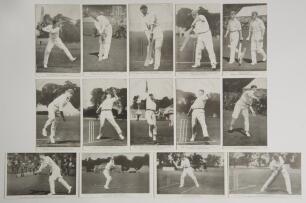 &lsquo;Lancs. County Cricketers&rsquo; c.1920. A collection of fourteen mono postcards from the same series of Lancashire players in various cricketing action poses. All cards similarly titled with additional caption relating to the player. Players featured are Shelm