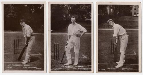 Lancashire and Leicestershire c.1910. Three early sepia real photograph postcards, two of Lancashire players, one of Leicestershire, all Rival Photograph Series with printed titles. Lancashire players are J.T. Tyldesley in batting pose (Series no. 1406), 