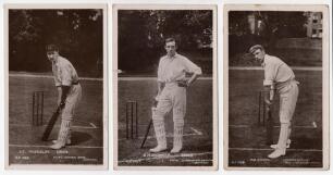 Lancashire and Leicestershire c.1910. Three early sepia real photograph postcards, two of Lancashire players, one of Leicestershire, all Rival Photograph Series with printed titles. Lancashire players are J.T. Tyldesley in batting pose (Series no. 1406), 
