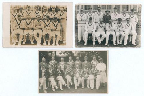 Leicestershire C.C.C. 1929-1935. Three original mono real photograph postcards of Leicestershire teams of the period, the players seated and standing in rows wearing crickets attire, blazers etc. Teams are 1929 with players names annotated in ink to verso