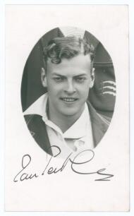 Ian Alexander Ross Peebles. Middlesex, Oxford University, Scotland & England 1928-1948. Mono real photograph postcard of Peebles, head and shoulders wearing cricket attire in cameo. Very nicely signed in ink by Peebles. Official stamp for A. Wilkes & Son,