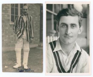 Gerald Edward Victor Crutchley. Oxford University & Middlesex 1910-1930. Earlier sepia real photograph postcard of Crutchley standing full length wearing batting attire and striped blazer. Handwritten name in ink to front. Sold with a later mono real phot