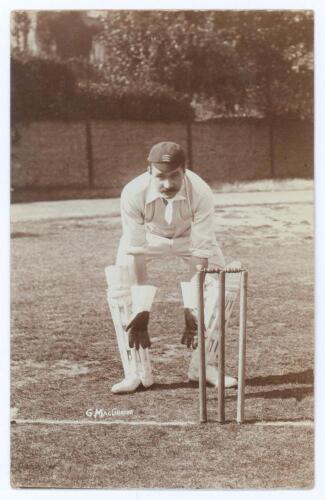 Gregor MacGregor. Cambridge University, Middlesex & England 1888-1907. Early original sepia real photograph postcard of MacGregor standing full length in wicket-keeping pose wearing Middlesex cap. Printed title &lsquo;G. MacGregor&rsquo;. Blind embossed stamp for Fos