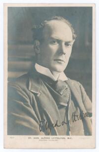 Alfred Lyttelton. Cambridge University, Middlesex & England 1876-1887. Early original sepia real photograph postcard of Lyttelton, head and shoulders in formal attire. Very nicely signed in black ink to the photograph &lsquo;Alfred Lyttelton&rsquo;. Printed title to 