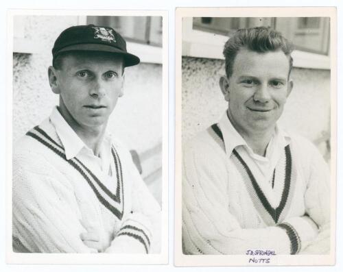 Nottinghamshire C.C.C. John Desmond Clay (Nottinghamshire 1948-1961) and John Denis Springall (Nottinghamshire 1955-1963). Two mono real photograph plain back postcards, each player depicted head and shoulders wearing cricket attire. Both postcards with o