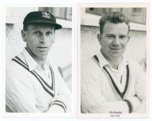 Nottinghamshire C.C.C. John Desmond Clay (Nottinghamshire 1948-1961) and John Denis Springall (Nottinghamshire 1955-1963). Two mono real photograph plain back postcards, each player depicted head and shoulders wearing cricket attire. Both postcards with o