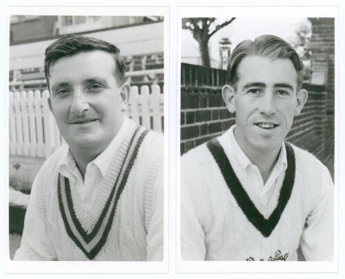 Nottinghamshire C.C.C. Bryan Douglas &lsquo;Bomber&rsquo; Wells (Gloucestershire & Nottinghamshire 1951-1965) and Andrew John Corran (Oxford University & Nottinghamshire 1958-1965. Two mono real photograph plain back postcards, each player depicted head and shoulders